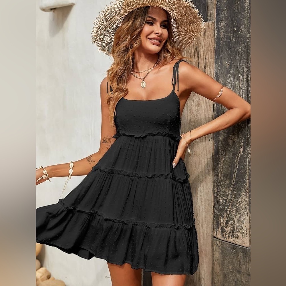 Swiss Dot Tiered Ruffle Babydoll Tie Strap Mini Dress in Black Size S